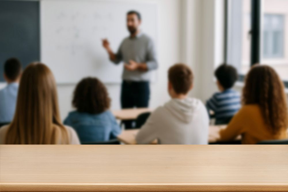 Students and teacher in a classroom. 