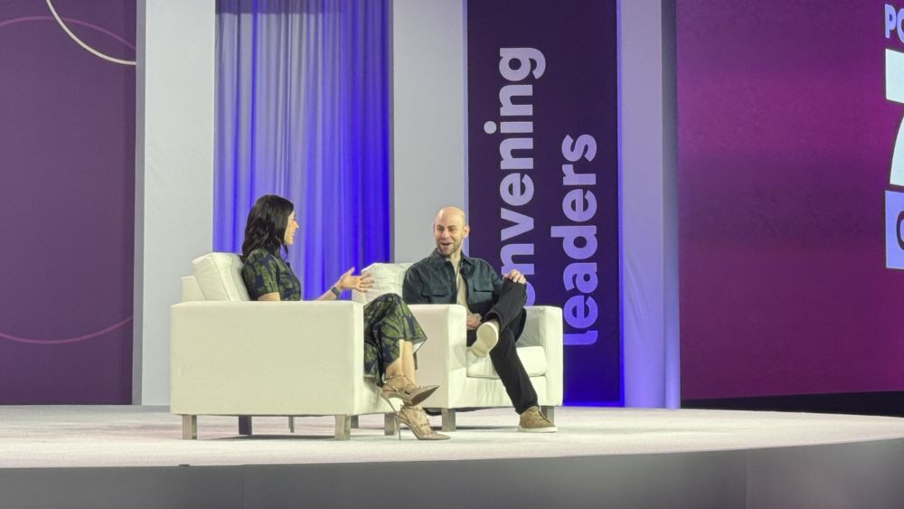 Australian business event leader Holly Ransom (left) leads a seated discussion with Adam Grant (right)