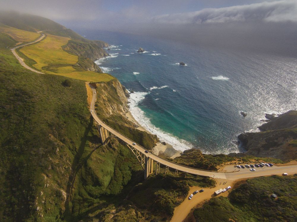 Aerial photo of California Highway 1 and the Bixby Creek Bridge.