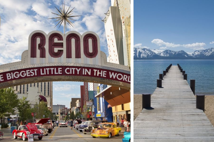 Photo collage with the Reno sign and classic cars on the left and a dock jutting out into Lake Tahoe on the right.