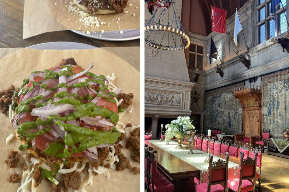 Photo of an arepa (left) and the Biltmore House dining room.