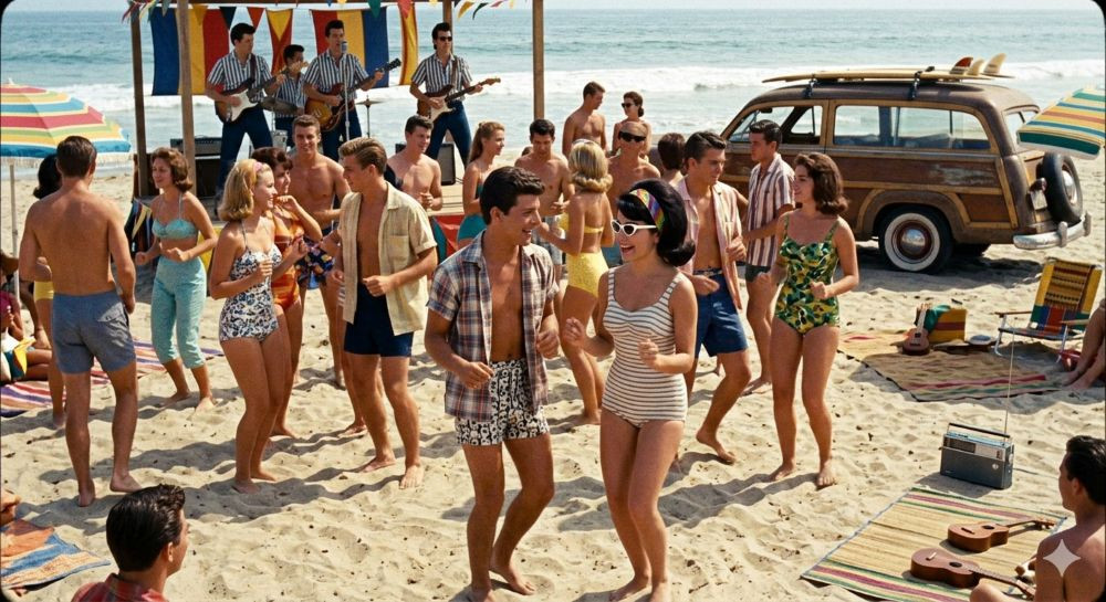 Gemini-generated AI image of people dancing to a band at a beach party.