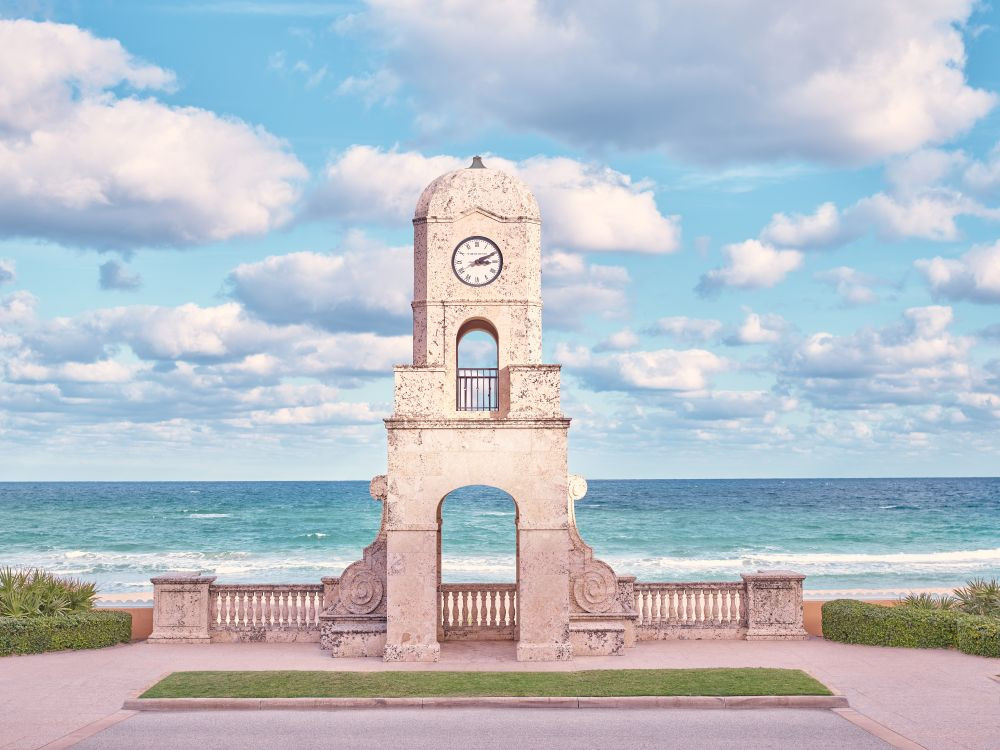 Worth Avenue Clock Tower, with the ocean in the background.