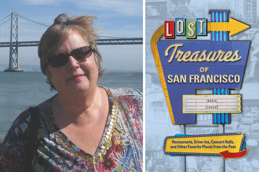 Split image of author Maria Lenhart and the cover of her book "Lost Treasures of San Francisco."