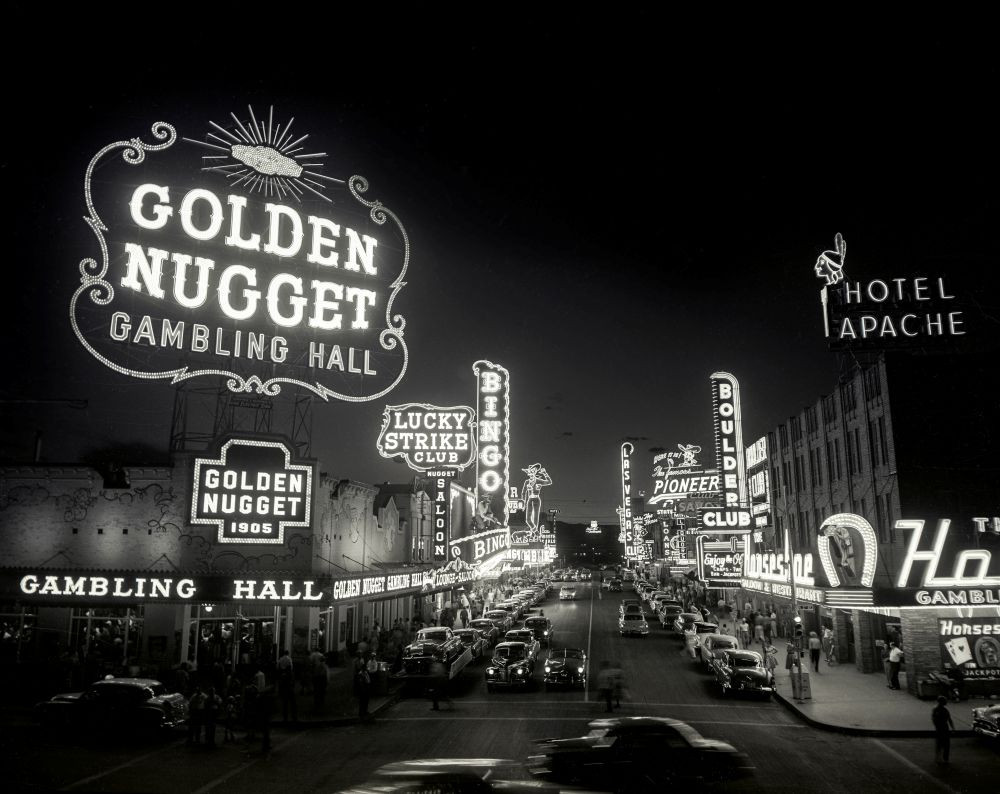 Fremont Street, 1954, with Golden Nugget neon sign in foreground.