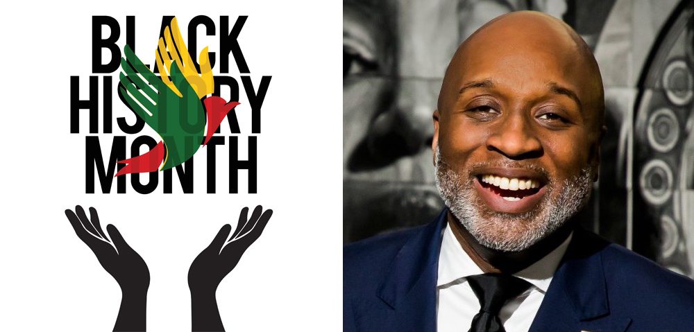 Graphic with Black History Month logo on the left and photo of Jason Dunn on the right.