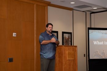 Kainoa Daines presents during Meetings Today LIVE! Hawaiʻi 2023. Credit: Keith Uehara Photography