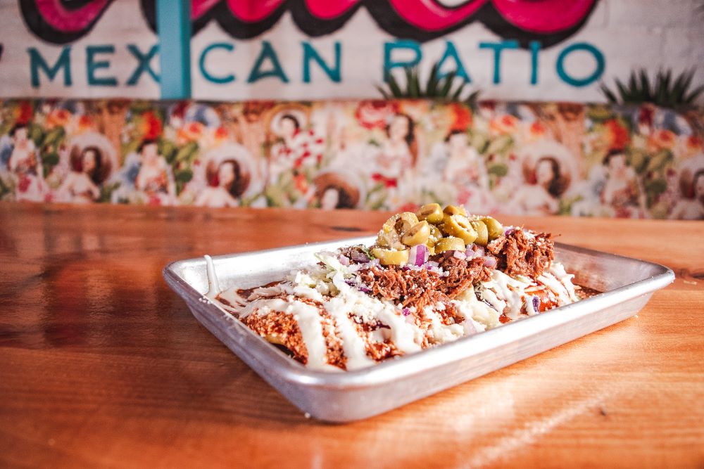 Rollies Mexican Patio restaurant interior and flat enchiladas