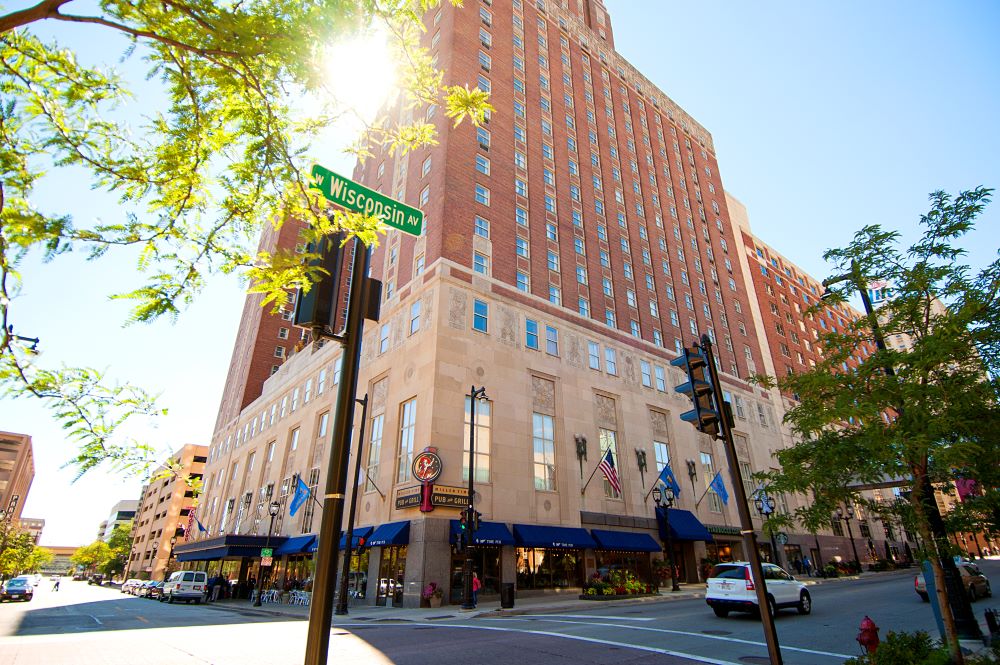 Hilton Milwaukee City Center and Miller Time Pub exterior