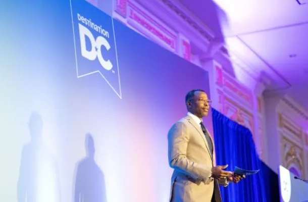 Photo of Elliott L. Ferguson II, president and CEO, Destination DC, speaking at Marketing Outlook Meeting 2022. at 