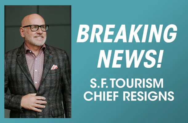 Breaking News graphic stating S.F. Tourism Chief Resigns.