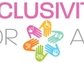 Graphic that reads Inclusivity for All with a rainbow-colored flower made of hands.