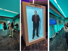 Three photos of event av activations utilizing technology, with attendees looking at them.