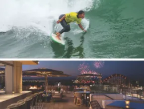 Photo of a surfer in a yellow shirt above and RISE rooftop restaurant with fireworks in the background on the bottom.