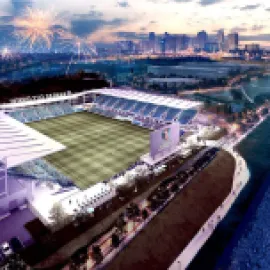 KC Current Stadium riverfront aerial rendering